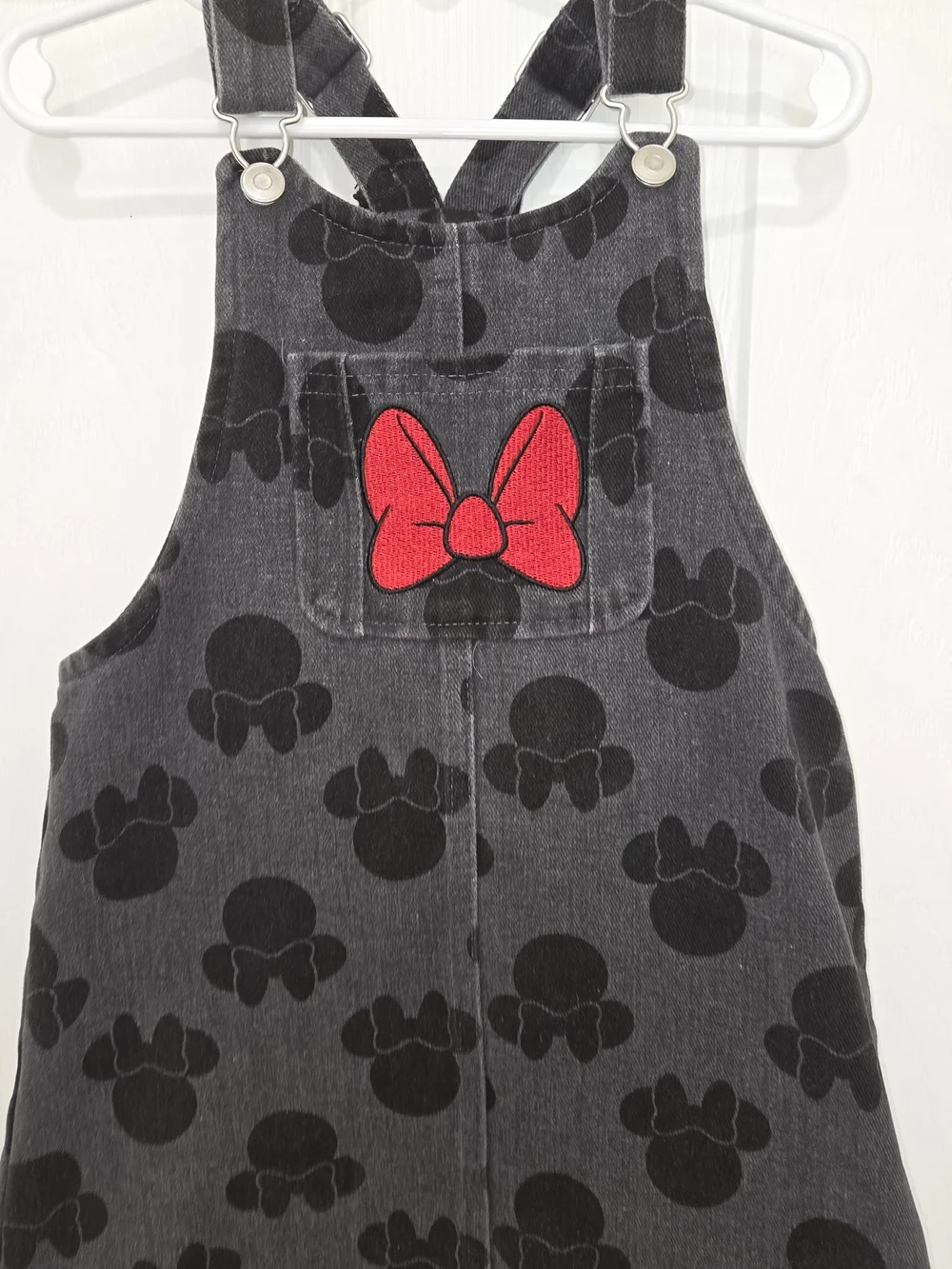 Disney Collection Minnie Mouse Gray Denim Jumper Dress Red Bows Size 6X SEE PICT